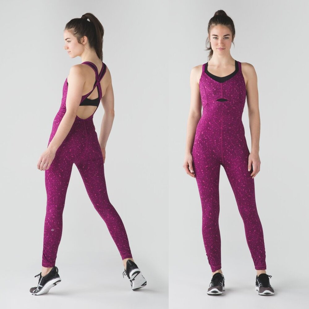Lululemon Purr suit Onesie yoga jumpsuit unitard Paradise Geo Regal Plum Multi 4